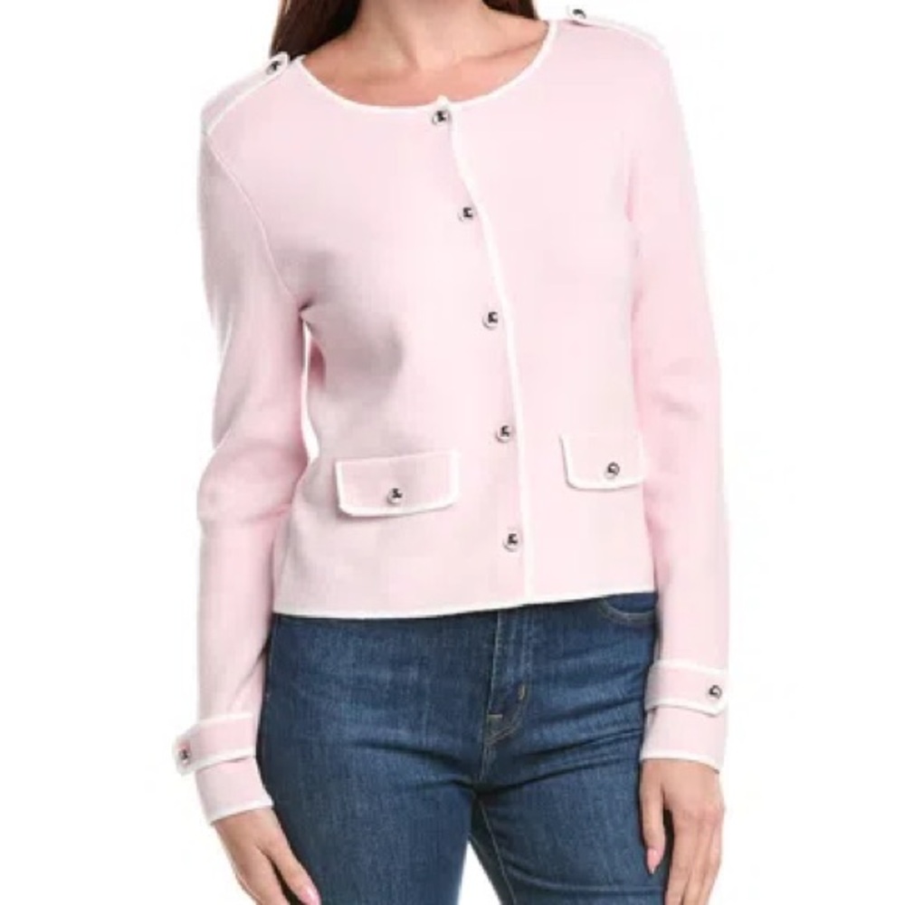 T TAHARI BUTTON-DOWN CARDIGAN IN PINK